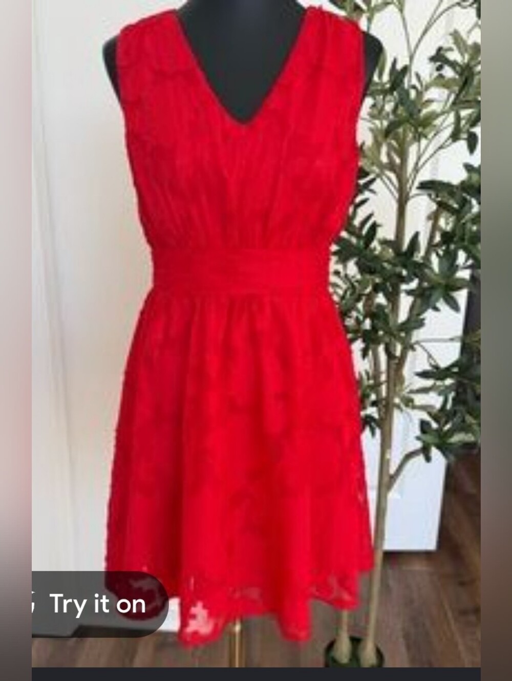 V-Neck Red Lace Mini Dress with Defined Waist